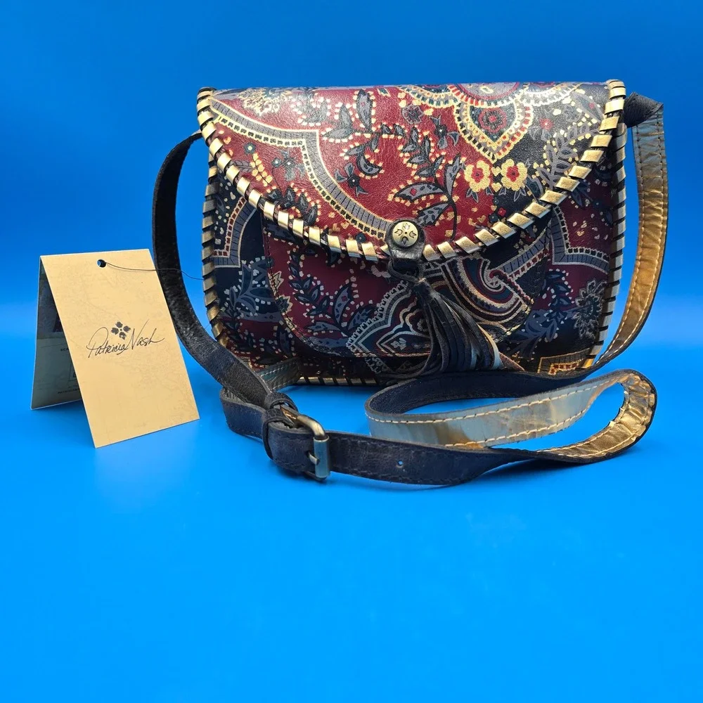 Patricia Nash Beaumont Provencal Escape Paisley Leather Crossbody Bag Gold Foil